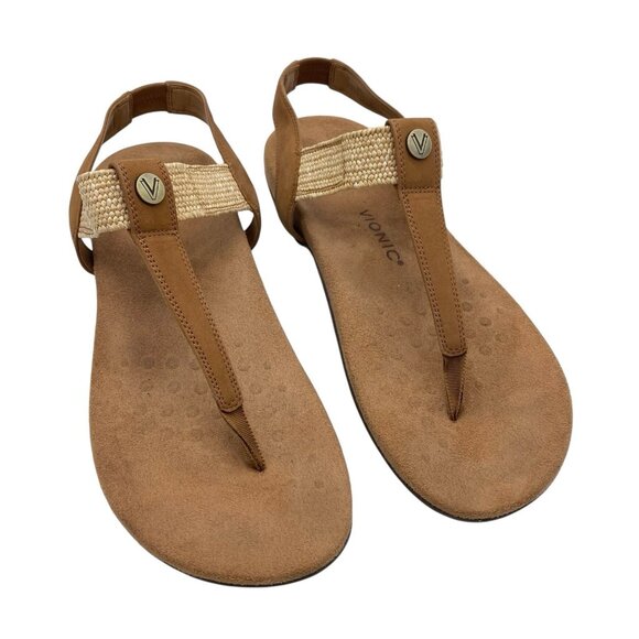 VIONIC Brea Sandals Women’s 12 Toe Post Slingback Camel Nubuck T Strap Thong - Picture 1 of 11